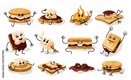 Cartoon smore characters. Cute toasted marshmallow faces with sweet smiles, funny children mascots with roasted sweet snack. Vector isolated set
