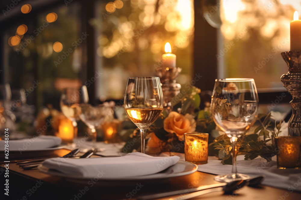 Elegant table setting with candles in restaurant. Selective focus. Romantic dinner setting with candles on table in restaurant. 