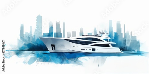 lue Aquarelle Silhouette of a Modern Yacht in Rio Bay on a White Background, Crafted with the Style of Digital Airbrushing