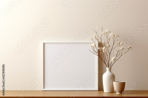 Empty horizontal frame mockup in modern minimalist interior with plant in trendy vase on beige wall background. Close up Template for artwork, painting, photo or poster