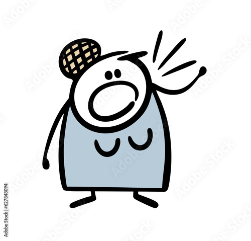 Doodle fat young female artist sings on stage at the opera house. Vector illustration of a theater performance and a cartoon stickman.