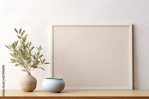 Empty horizontal frame mockup in modern minimalist interior with plant in trendy vase on beige wall background. Close up Template for artwork, painting, photo or poster