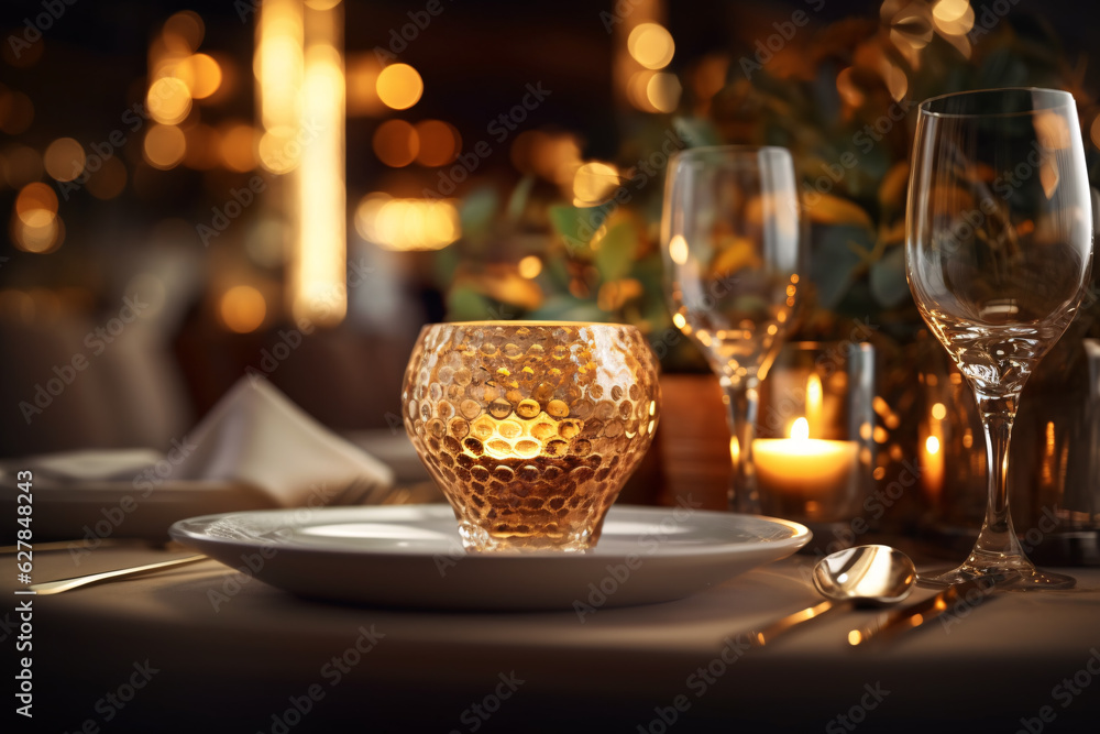 Elegant table setting with candles in restaurant. Selective focus. Romantic dinner setting with candles on table in restaurant. 