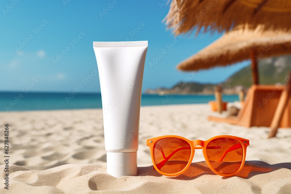 illustration, sunglasses and cream on the beach sand, ai generative