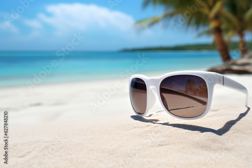 an illustration, sunglasses on the beach sand, ai generative