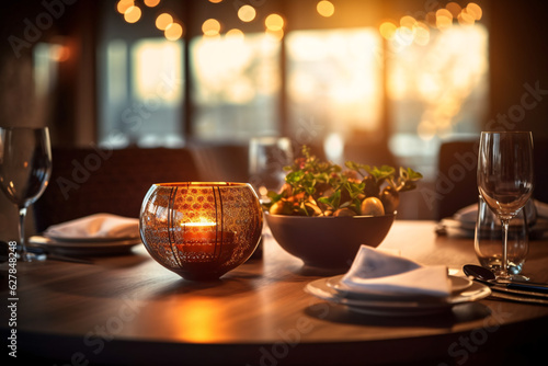 Elegant table setting with candles in restaurant. Selective focus. Romantic dinner setting with candles on table in restaurant. 