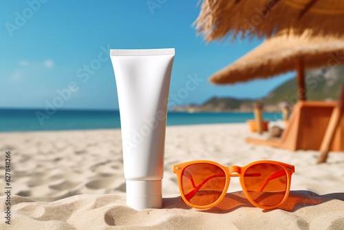 illustration  sunglasses and cream on the beach sand  ai generative