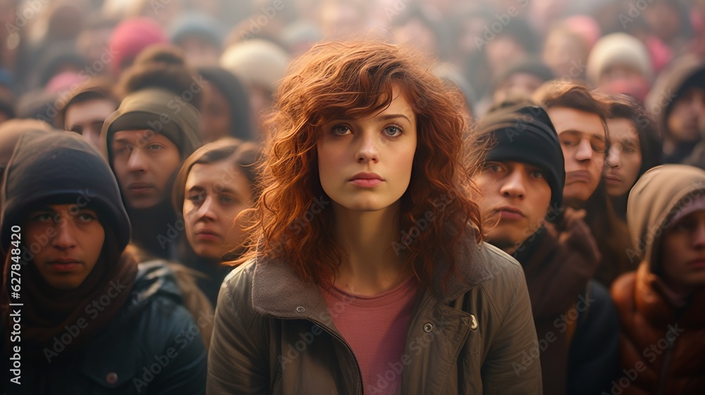 A mass of people, a huge crowd and a close up view of a young a young beautiful girl who stands out, stand out from the crowd, be different and respect differences. Generative AI. A mass of people, a huge crowd and a close up view of a young a young beautiful girl who stands out, stand out from the crowd, be different and respect differences. Generative AI.