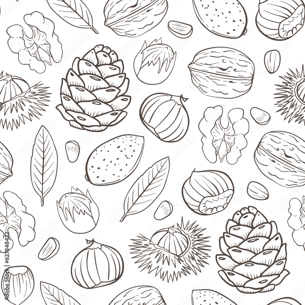 Fototapeta premium Seamless pattern with almond, walnut and chestnuts.