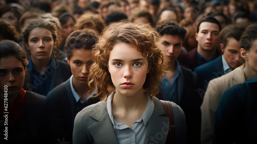 A mass of people, a huge crowd and a close up view of a young a young beautiful girl who stands out, stand out from the crowd, be different and respect differences. Generative AI. 