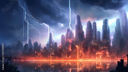 illustration  a big electrical storm in the landscape of a big futuristic city  ai generative