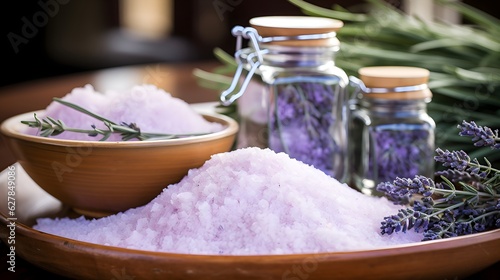 Spa still life with lavender and sea salt on wooden background