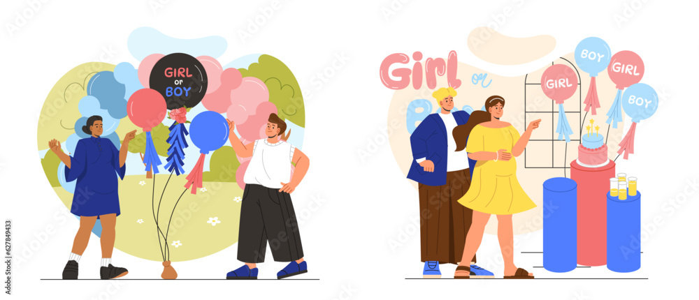 People at baby shower party concept. Man and woman with balloons with inscriptions boy or girl. Sex determination of toddler. Future father and mother. Cartoon flat vector illustration