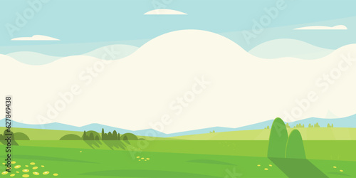Summer meadow background. Farm panorama with rural flowers, countryside scenery with trees and grass, cloud bunner for text. Vector illustration
