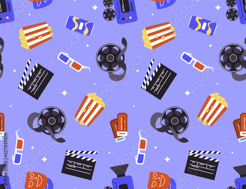 Seamless pattern with cinema elements. Repeating design element for printing on fabric. Popcorn, 3D glasses, film tape and tickets, soda. Movie and series. Cartoon flat vector illustration