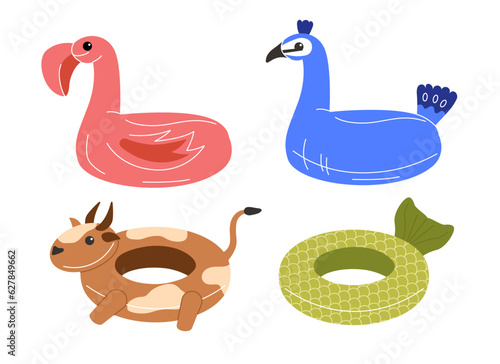 Set of circles for swimming pool concept. Cow, flamingo and blue bird. Equipment for recreation in tropical and exotic countries. Cartoon flat vector collection isolated on white background