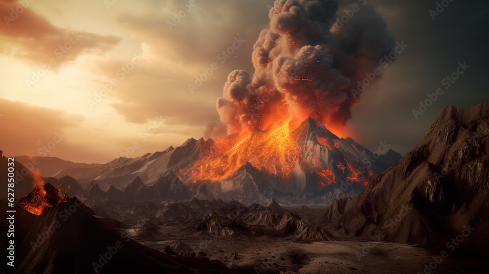 Volcanic Power: Illustration of a Massive Eruption with Towering Smoke and Lava
