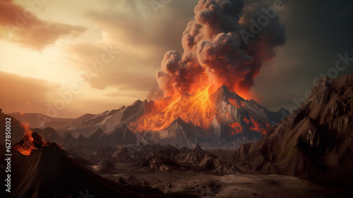 Volcanic Power: Illustration of a Massive Eruption with Towering Smoke and Lava