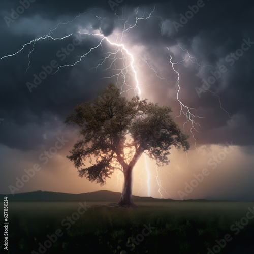 Majestic Tree Weathering the Tempest with an Enormous Lightning Strike