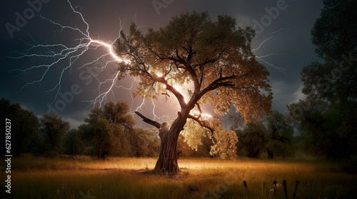 Powerful Lightning Strike: Striking the Field behind the Tree photo