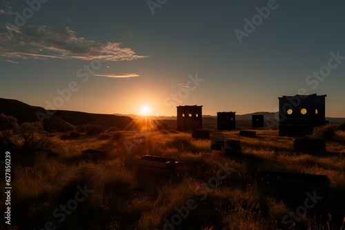 olden Hour Charm: Beautiful Sunset on the Meadow with Ancient Stone Edifices photo
