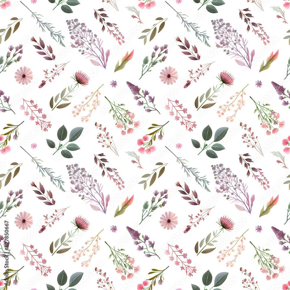 Seamless pattern of leaves and flowers as a floral background. Abstract illustration, design element. Seamless pattern of leaves and flowers as a floral background. Abstract illustration, design element.