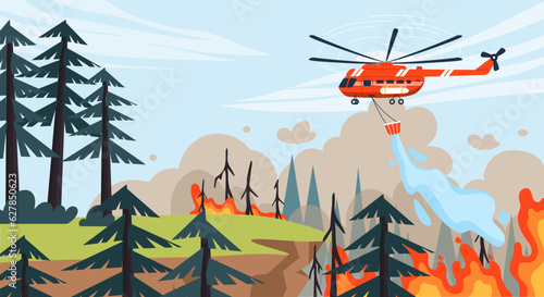 Helicopter extinguishes forest fire concept. Air vehicle drops water from bucket onto burning trees. Catastrophe and cataclysm, danger and emergency. Cartoon flat vector illustration
