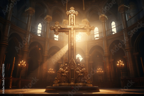Golden light illuminating ornate cross at cathedral altar