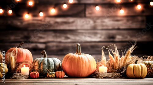 Pumpkins in autumnal colors adorn a rustic table, creating a picturesque scene.