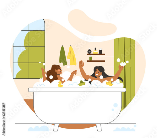 Kids bathing time concept. Little girls sitting in bubble bath with yellow rubber duck. Cleanliness and hygiene, comfort and coziness. Sisters in bathroom. Cartoon flat vector illustration