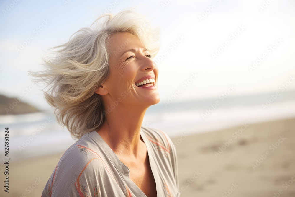 Laughing attractive mature senior woman looking away in the coast Laughing attractive mature senior woman looking away in the coast