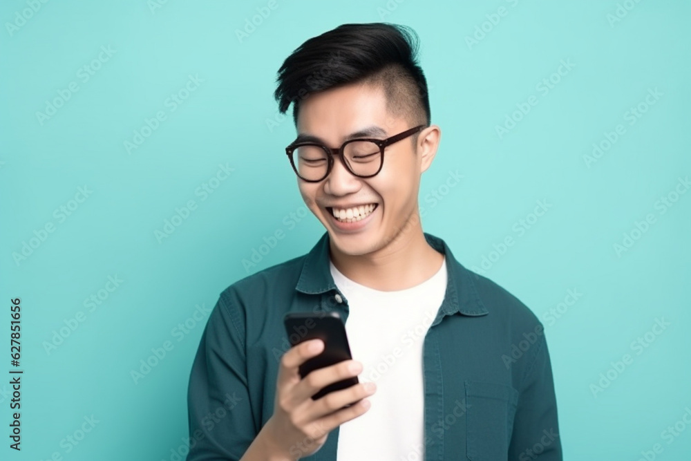 Smiling Young Asian Man Using Smartphone on Blue Background: AI Generated