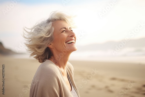 Laughing attractive mature senior woman looking away in the coast