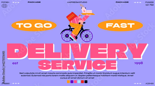 Cartoon poster fast delivery. Food delivery man character banner on bike, e-commerce concept. online food ordering groovy poster