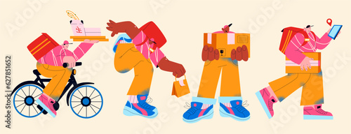Cartoon characters fast delivery service. Couriers deliveries of food and parcels on bike, e-commerce concept. Online pizza delivery order