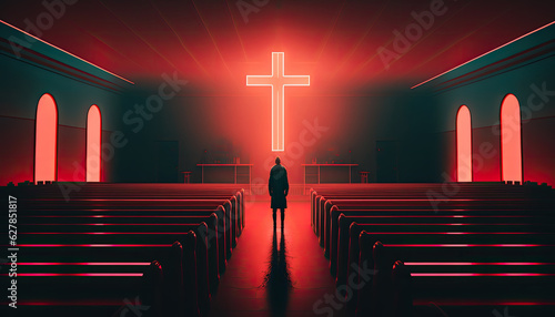 Fotografia Through gloomy red lighting, silhouette of man looms in front of neon Catholic cross