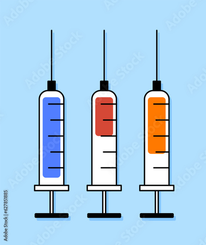 Medical syringes set sticker concept. Treatment and health care. Blue, red and orange medicines and liquids. Template, layout and mock up. Cartoon flat vector illustration isolated on blue background