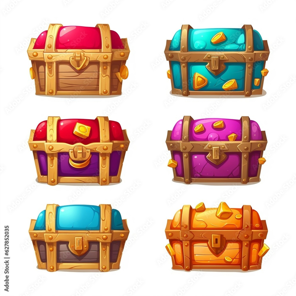 Set of cartoon colorful treasure chest, Gold treasures with expensive diamonds and luxury crowns in chest Set of cartoon colorful treasure chest, Gold treasures with expensive diamonds and luxury crowns in chest