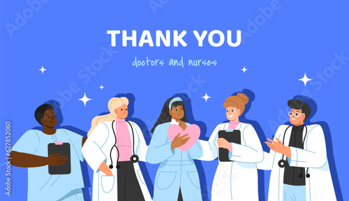 Thank you medical team concept. Men and women in gowns with medical equipment. Doctors and nurses. Poster or banner for website. Pandemic and coronavirus. Cartoon flat vector illustration