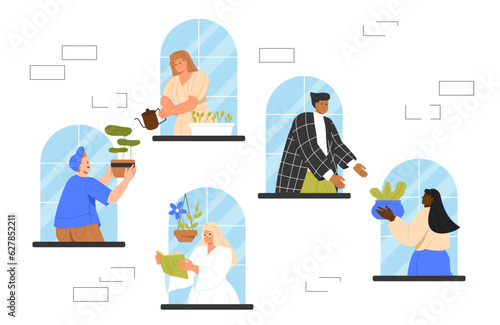 Neighborhood at exterior concept. Good relations between young boys and girls. Men and women in different windows. Comfort and coziness in home. Cartoon flat vector illustration