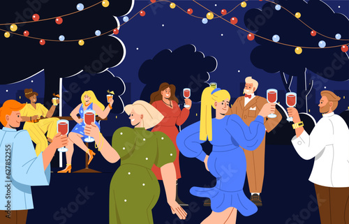 People at night outdoor party concept. Men and women dance with cocktails in their hands. Characters holding glasses with alcoholic drinks. Event in nightclub. Cartoon flat vector illustration