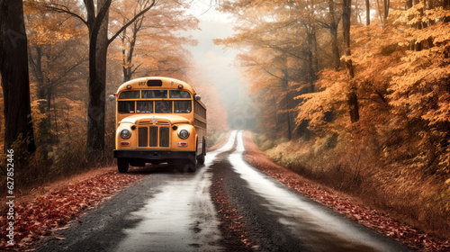 A school bus drives down a scenic country road in the autumn.