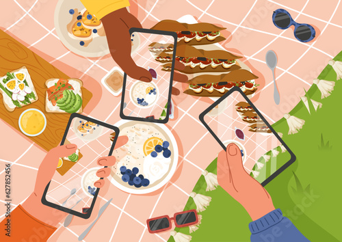 Party dinner outdoor picnic concept. Characters take pictures of egg sandwiches on smartphones. Milk porridge with fruits and berries. Pancakes with blueberries. Cartoon flat vector illustration