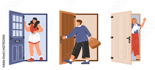 People opening doors set. Men and women go or come home. Apartment and real estate. Characters going through apartment entries. Cartoon flat vector collection isolated on white background