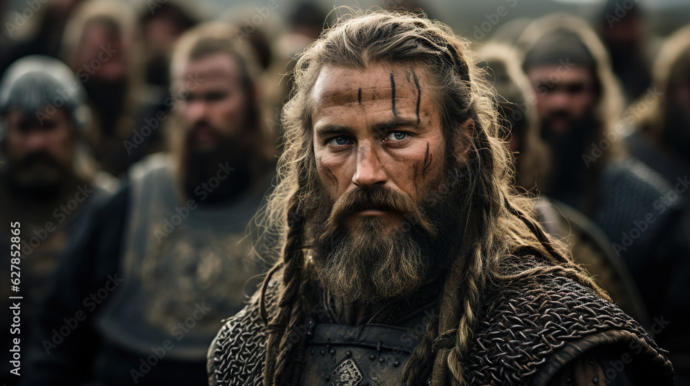 A historic viking chieftain or warrior with his village in the background A historic viking chieftain or warrior with his village in the background