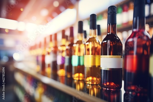 Abstract blur wine bottles on liquor alcohol shelves in supermarket store background
