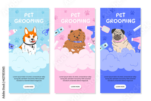 Set of pets grooming posters. Advertising and marketing. Aesthetics and elegance. Puppies of different breeds near combs and hair dryers. Cartoon flat vector collection isolated on white background