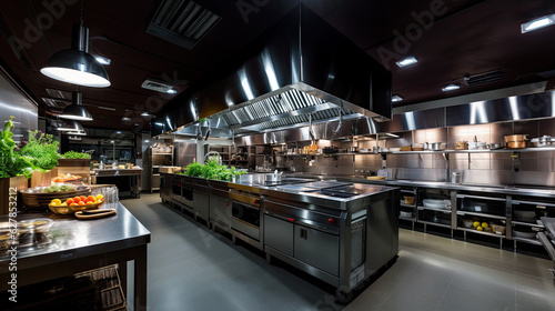Empty restaurant kitchen with professional equipment photo