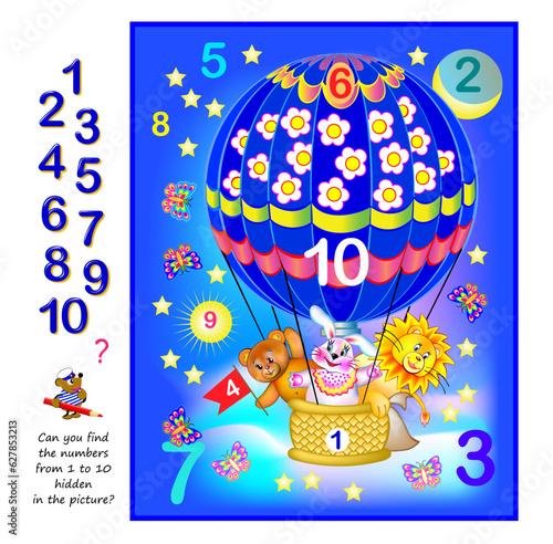 Logic puzzle game. Math education for young children. Can you find the numbers from 1 to 10 hidden in the picture? Developing counting skills. IQ test. Play online. Printable worksheet for kids.