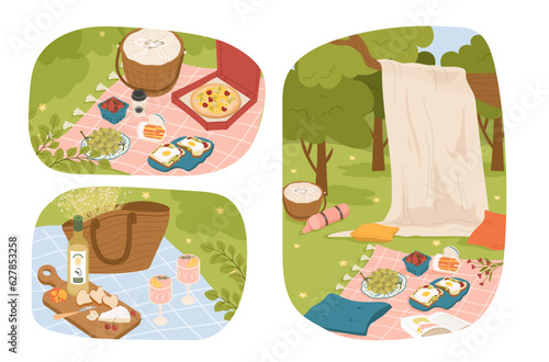 Set of scenes with picnic. Outdoor leisure in summer or spring season. Blanket with basket with food. Pizza and grapes with strawberries. Cartoon flat vector collection isolated on white background